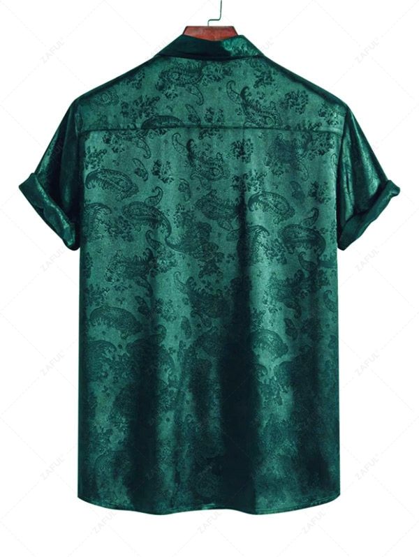 Men's Button Up Short Sleeves Paisley Jacquard Silky Satin Shirt