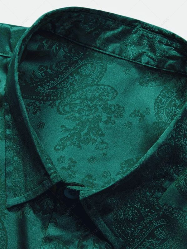 Men's Button Up Short Sleeves Paisley Jacquard Silky Satin Shirt