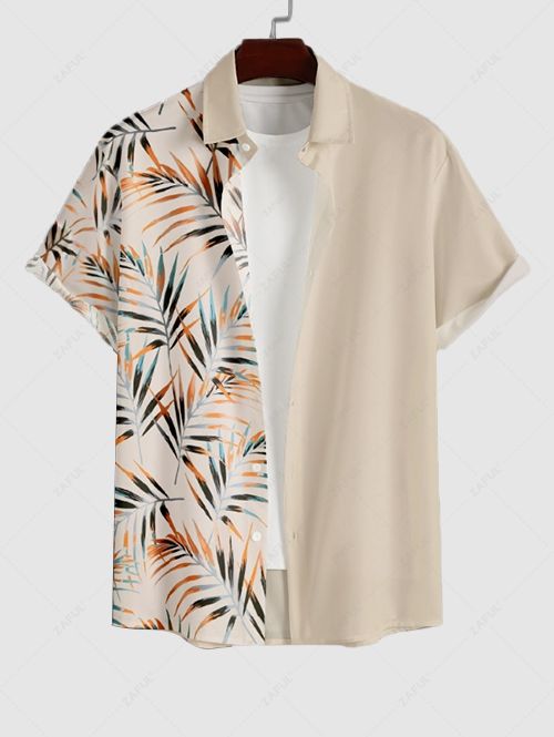 Men's Leaves Printed Spliced Vacation Button Up Short Sleeves Shirt Kosyway