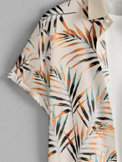 Men's Leaves Printed Spliced Vacation Button Up Short Sleeves Shirt