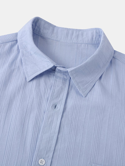 Men's Shadow Stripes Textured Front Pocket Design Button Up Short Sleeves Shirt