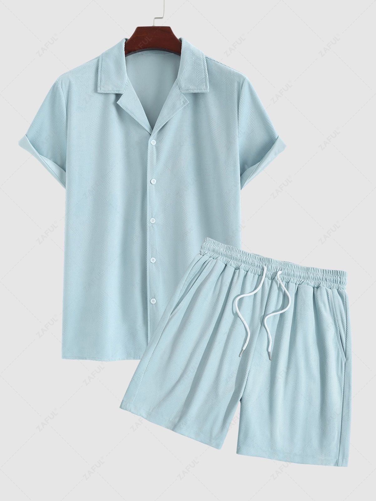 Men's Matching Two Piece Co Ord Camp Collar Short Sleeves Button Up Geometric Corduroy Shirt and Drawstring Casual Shorts Set