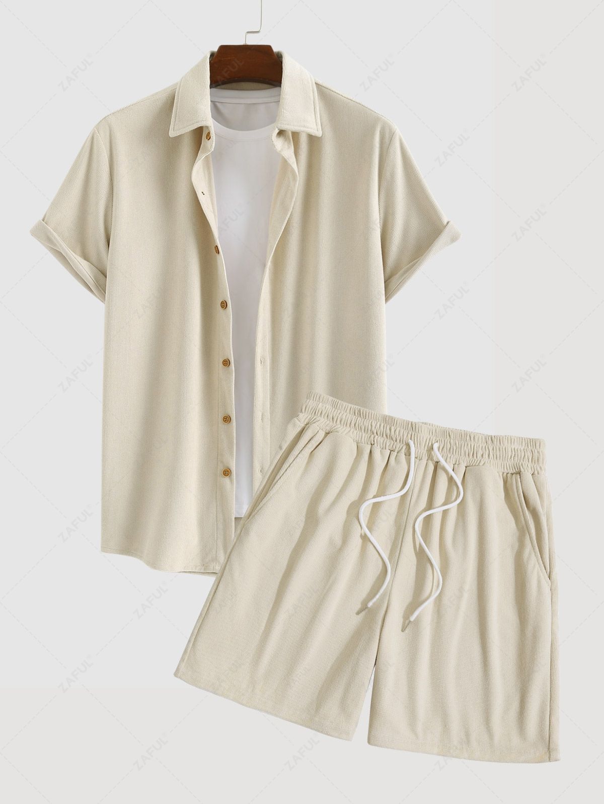 Men's Matching Two Piece Co Ord Short Sleeves Button Up Corduroy Shirt and Drawstring Casual Shorts Set Kosyway