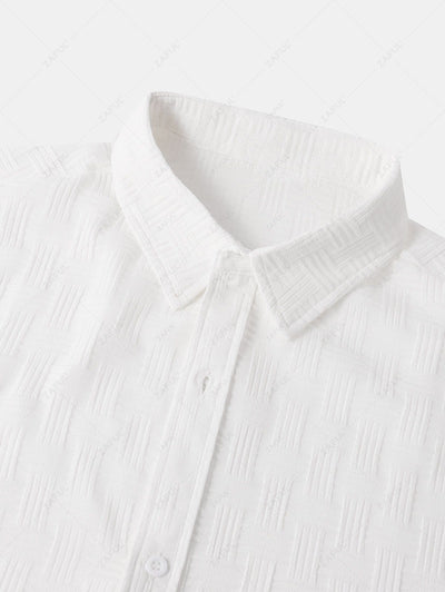 Men's Cross Knot Jacquard Textured Button Up Short Sleeves Shirt