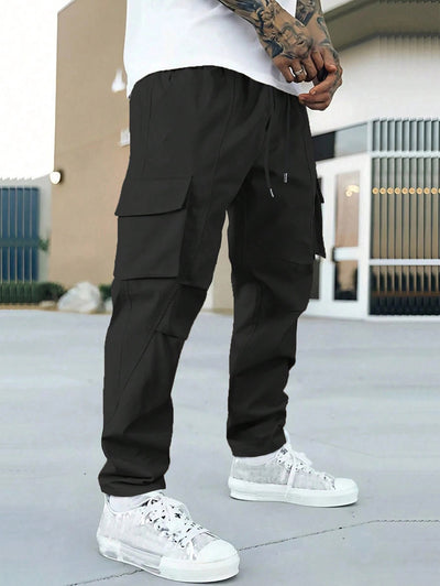 Men's Streetwear Techwear Flap Pockets Solid Color Drawstring Straight Leg Cargo Pants