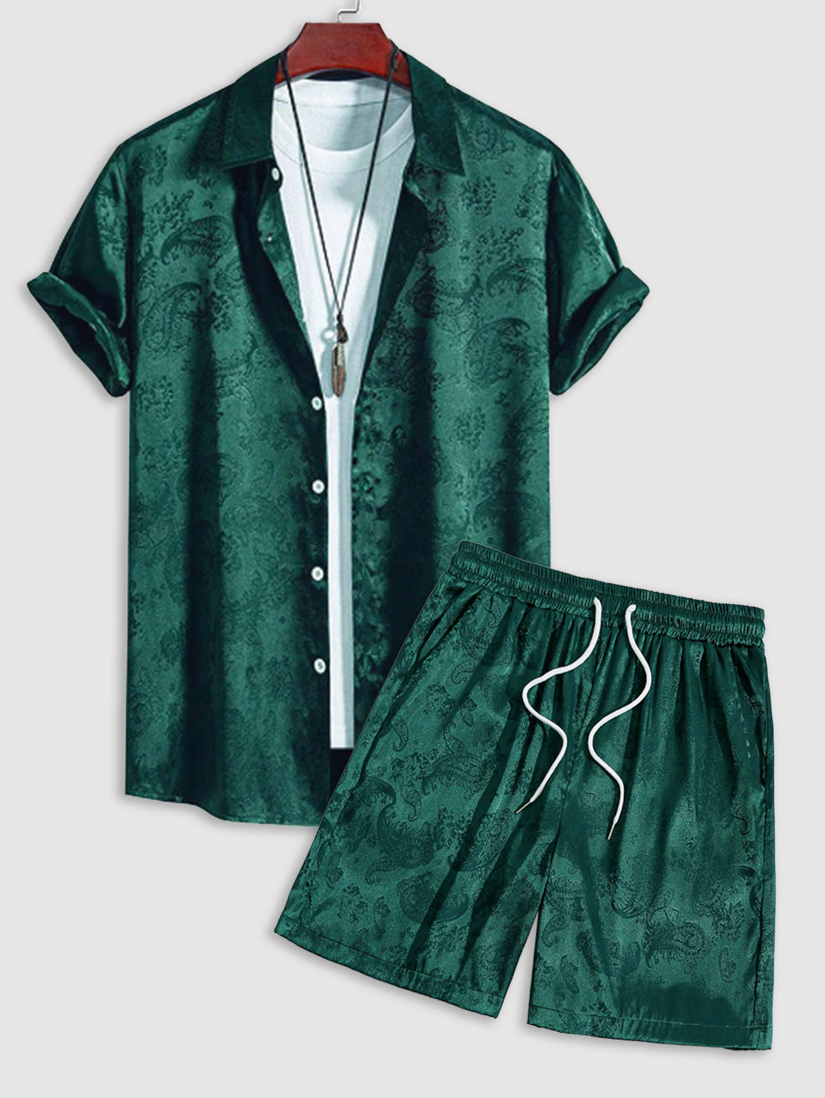 Men's Button Up Short Sleeves Paisley Jacquard Silky Satin Shirt And Drawstring Pockets Casual Shorts Set