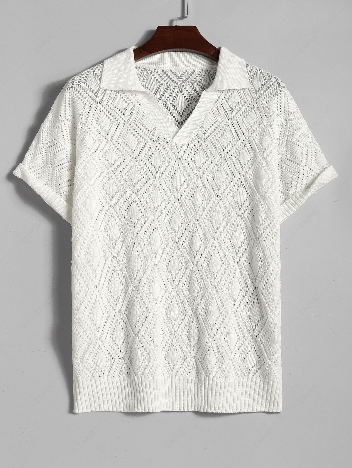 Men's Geometric Openwork Polo Collar Pointelle Knit Short Sleeves T-shirt