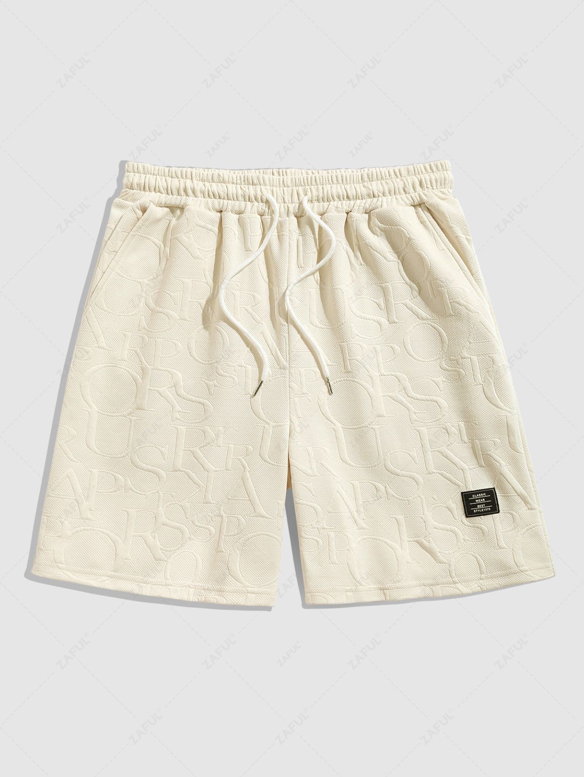 Men's Slant Pockets Drawstring Letter Jacquard Textured Casual Shorts