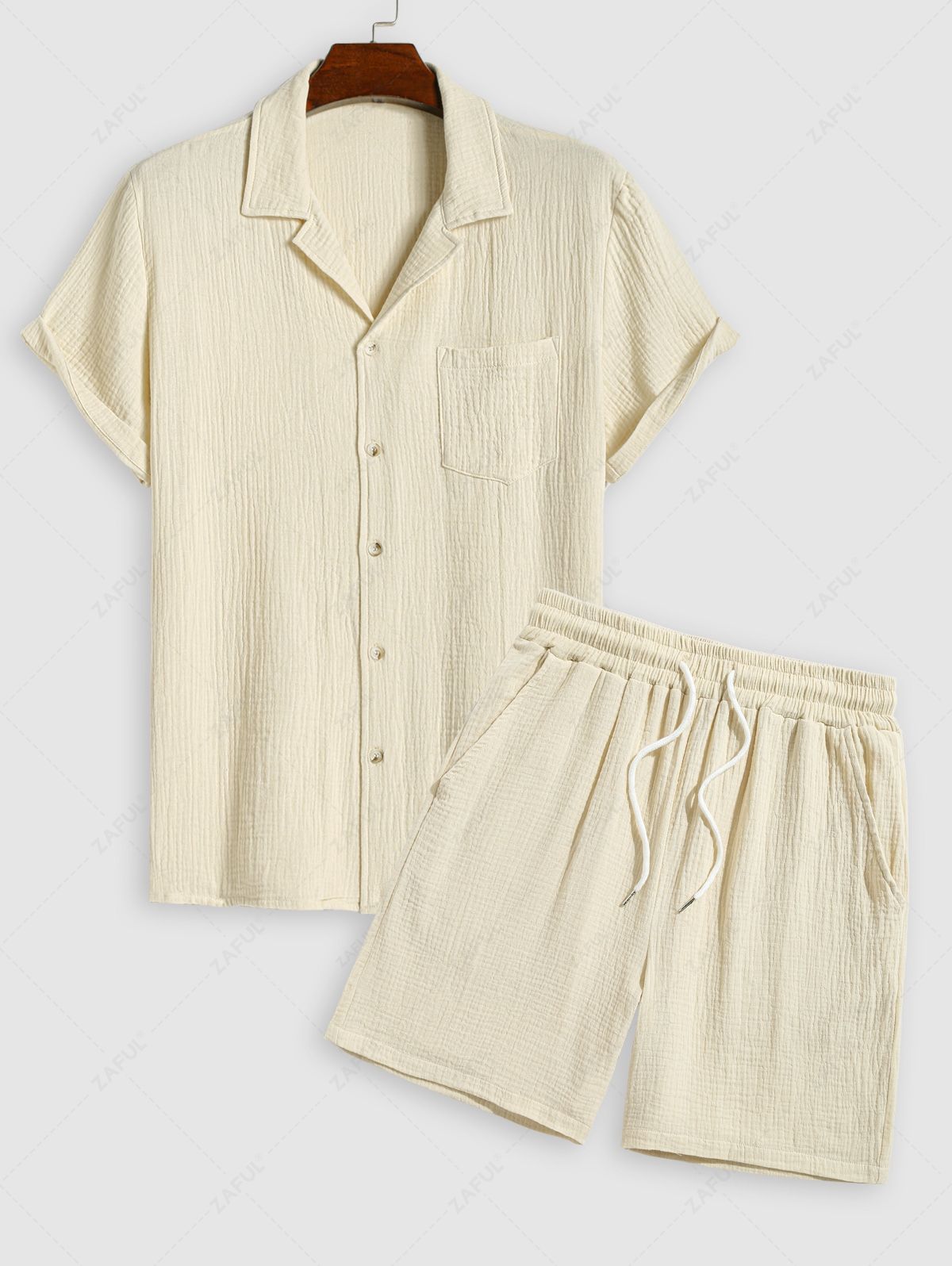 Men's Matching Two Piece Solid Color Wrinkle Textured Front Pocket Design Button Up Short Sleeves Camp Collar Shirt and Drawstring Casual Shorts Set