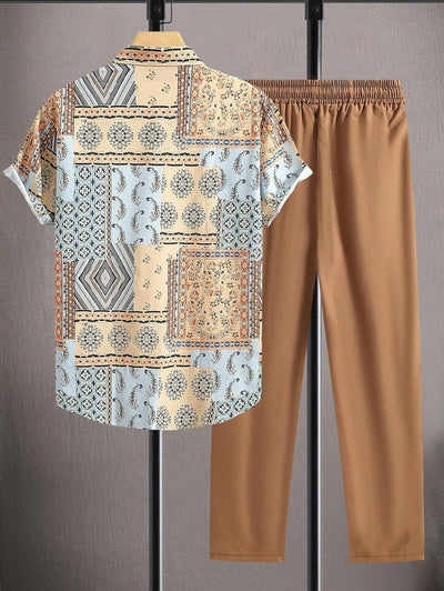 Men's Ethnic Patchwork Print Button Up Shirt and Drawstring Tapered Leg Pants Set Kosyway