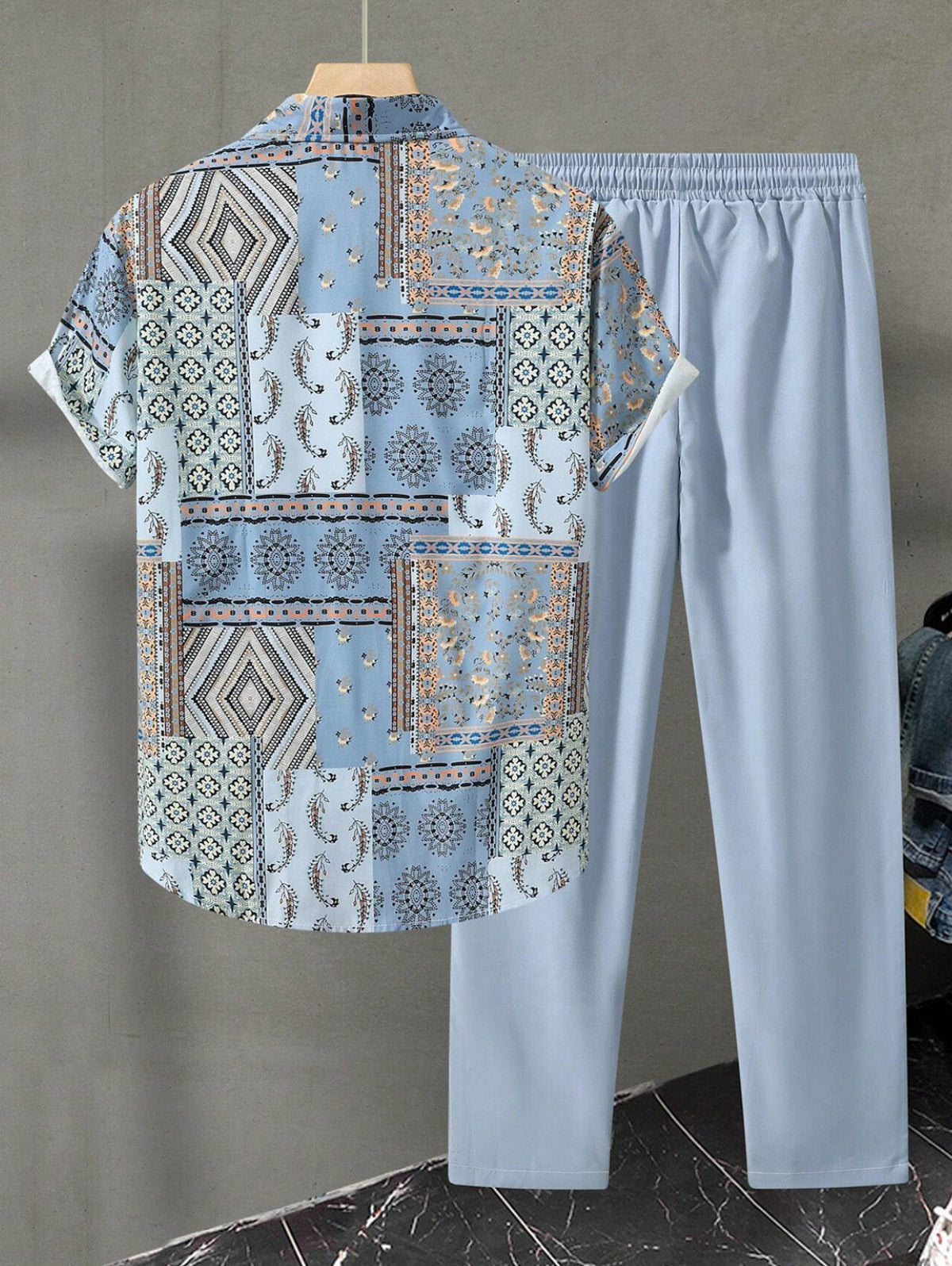 Men's Ethnic Patchwork Print Button Up Shirt and Drawstring Tapered Leg Pants Set Kosyway