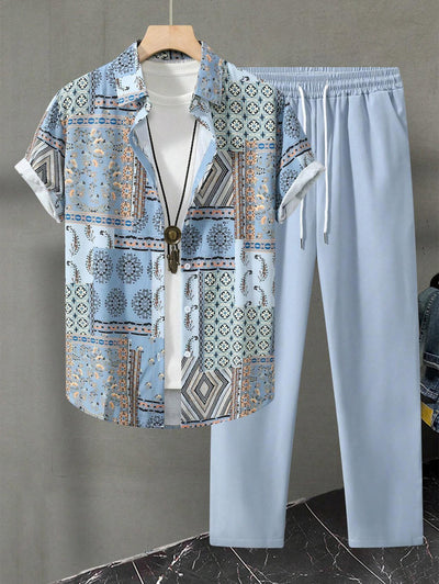 Men's Ethnic Patchwork Print Button Up Shirt and Drawstring Tapered Leg Pants Set