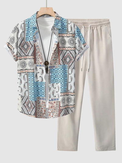 Men's Ethnic Patchwork Print Button Up Shirt and Drawstring Tapered Leg Pants Set Kosyway