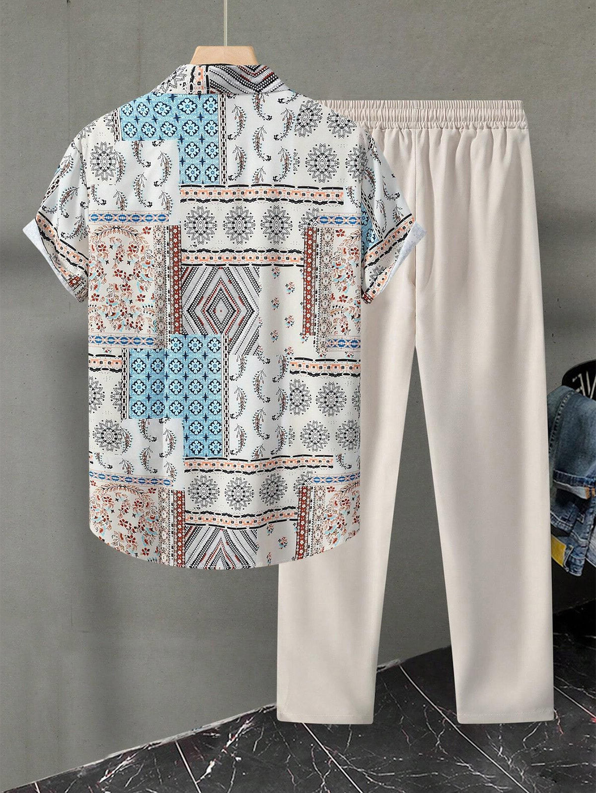 Men's Ethnic Patchwork Print Button Up Shirt and Drawstring Tapered Leg Pants Set Kosyway