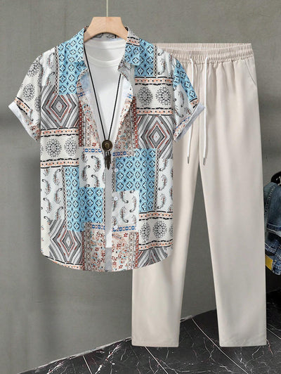 Men's Ethnic Patchwork Print Button Up Shirt and Drawstring Tapered Leg Pants Set Kosyway