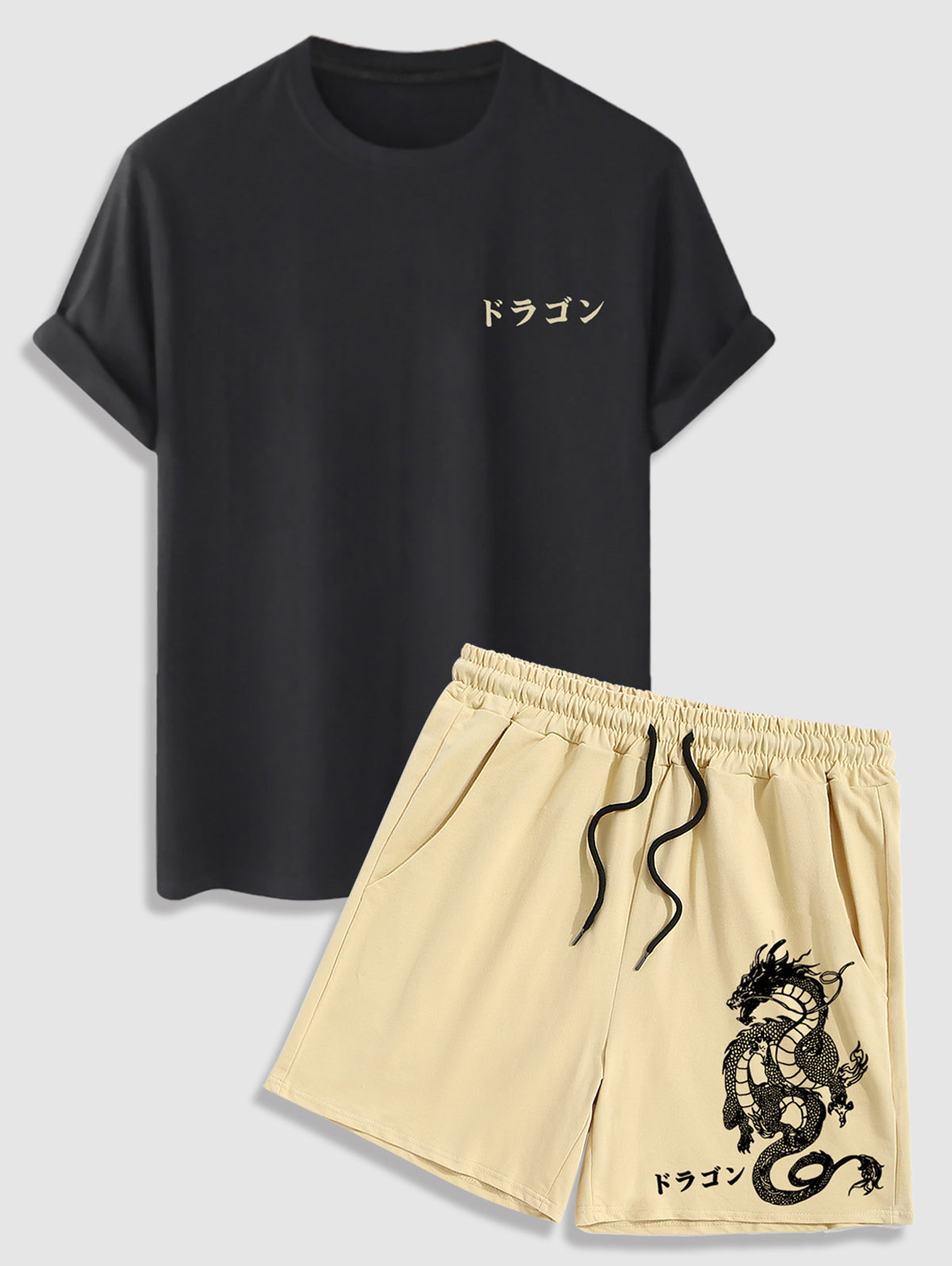 Men's Japanese Printed Short Sleeves T-shirt and Oriental Dragon Printed Drawstring Casual Shorts Set Kosyway