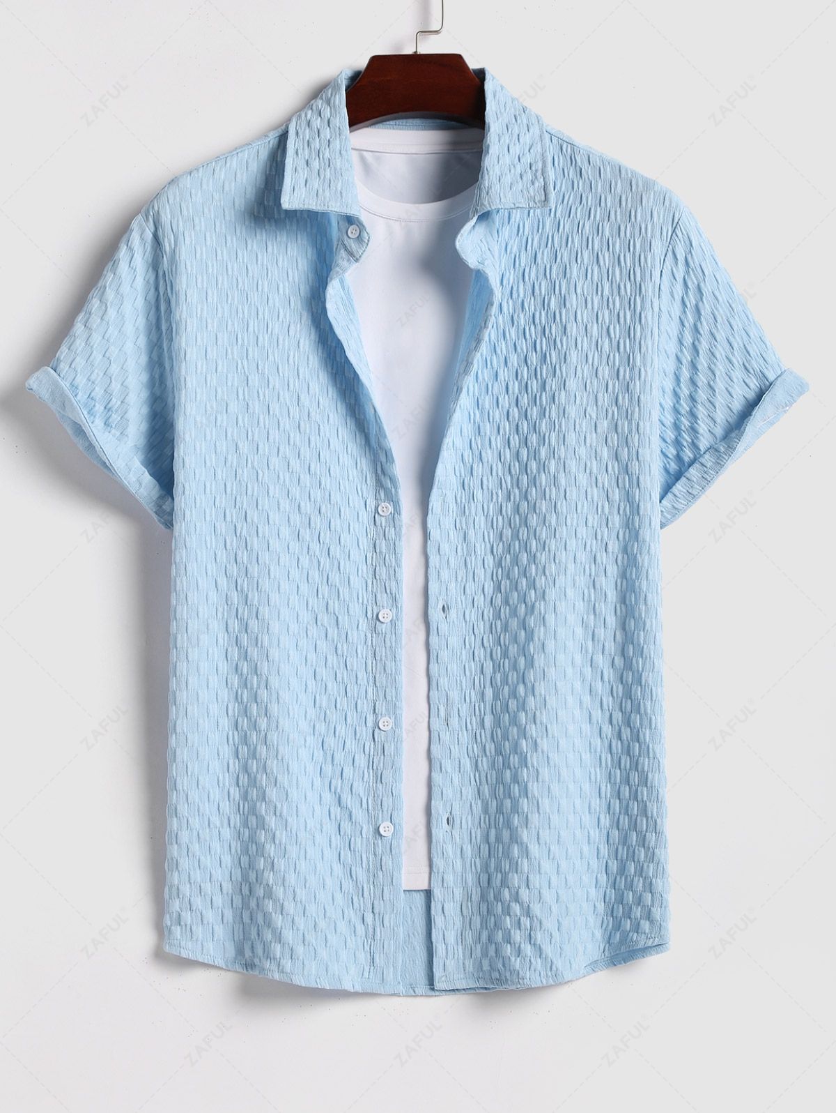 Men's Checkerboard Textured Short Sleeves Button Up Shirt Kosyway