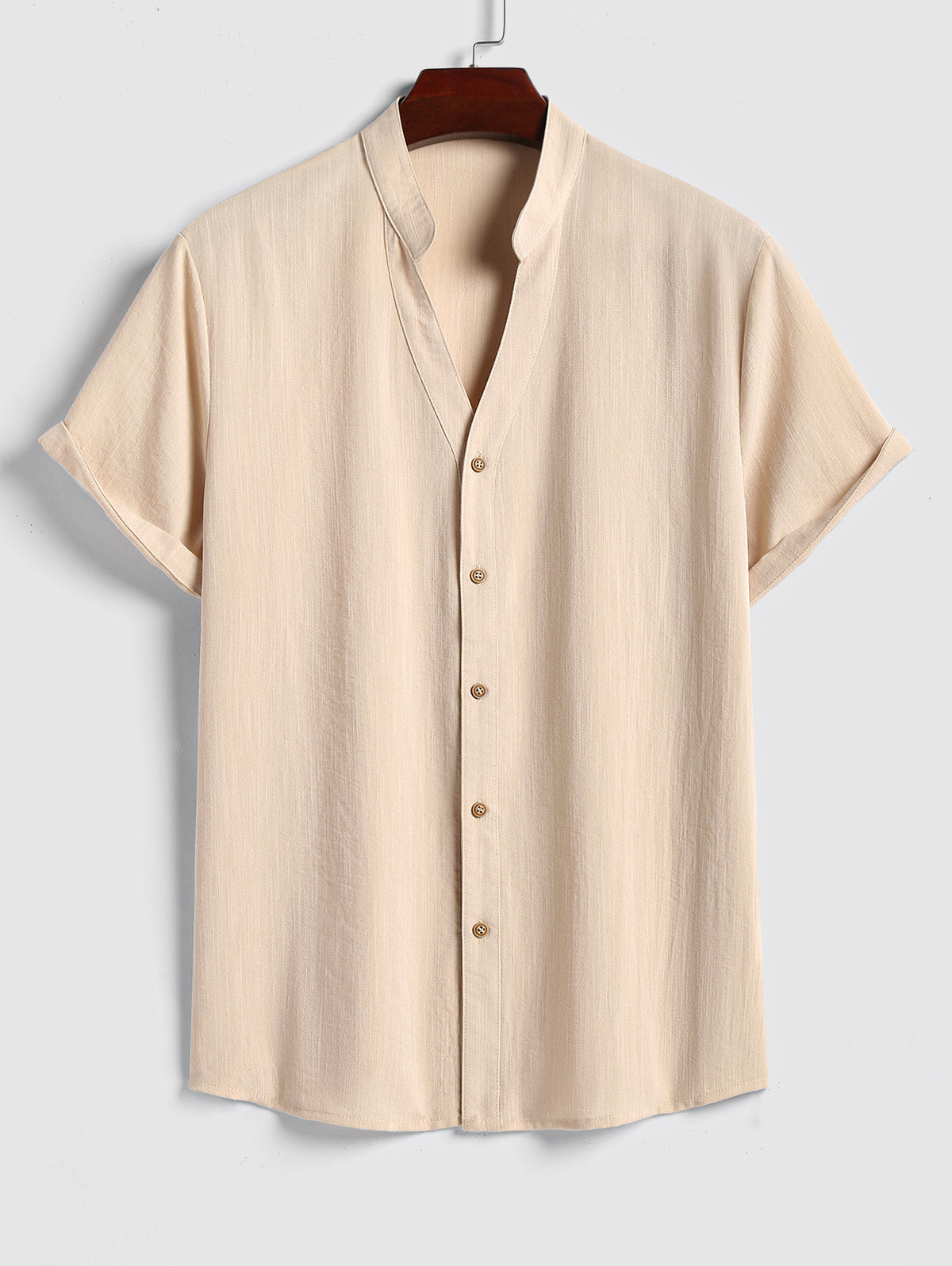 Men's V-notched Collar Solid Color Button Up Short Sleeves Breezy Shirt Kosyway