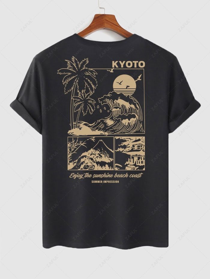 Men's Palm Tree Sea Waves KYOTO Letter Graphic Printed Short Sleeves T-shirt