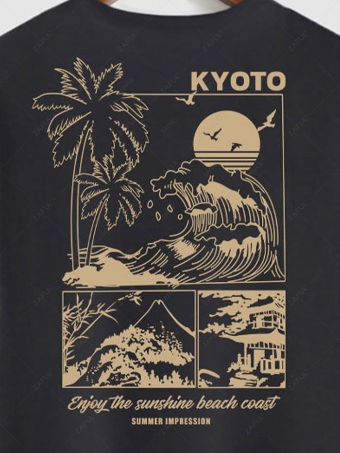 Men's Palm Tree Sea Waves KYOTO Letter Graphic Printed Short Sleeves T-shirt