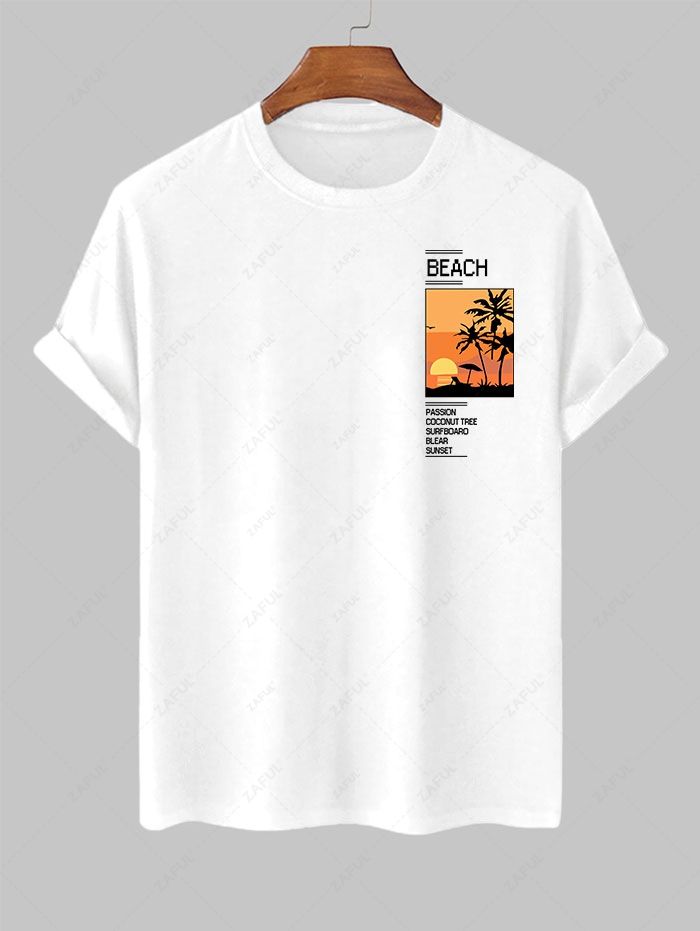 Men's Sunset Palm Tree BEACH Letter Graphic Printed Short Sleeves T-shirt