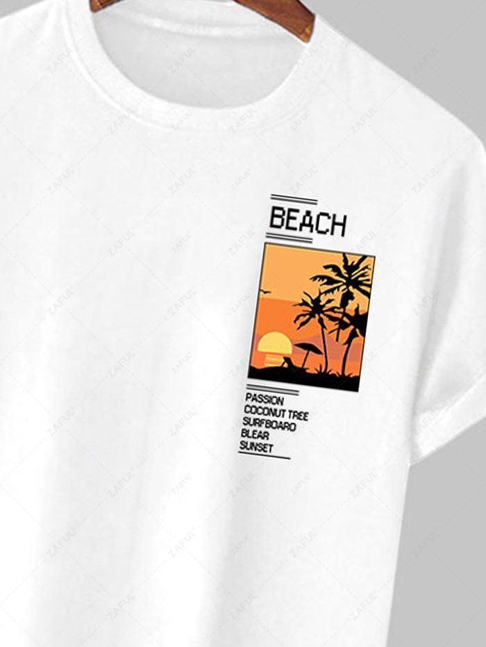 Men's Sunset Palm Tree BEACH Letter Graphic Printed Short Sleeves T-shirt