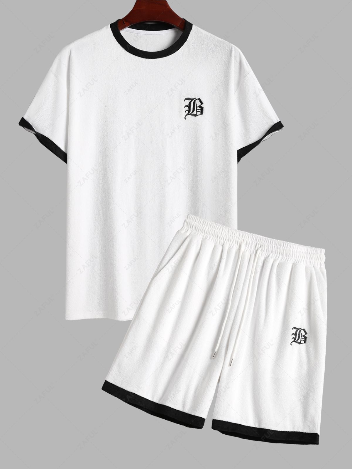 Men's Matching Two Piece Co Ord Crew Neck Short Sleeves Terry Cloth Toweling Embroidered T-shirt and Drawstring Casual Shorts Set Kosyway