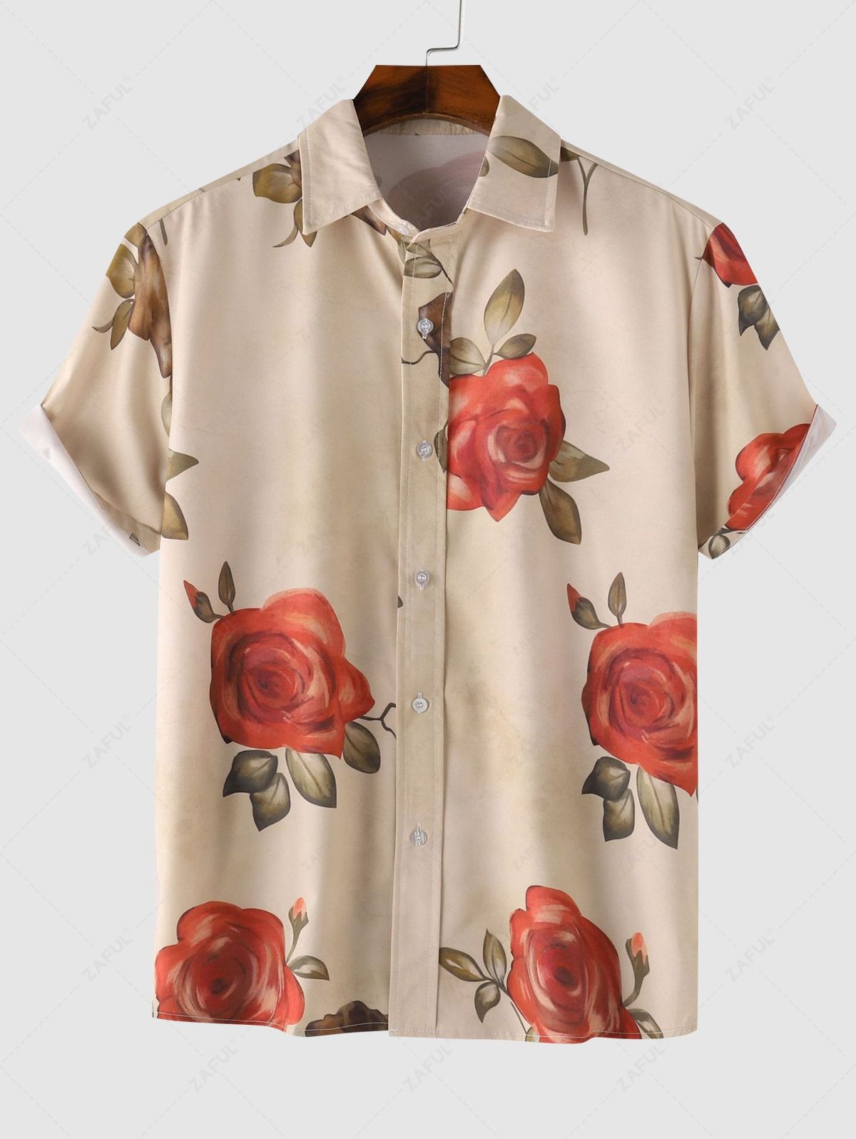 Men's Floral Leaves Print Button Up Short Sleeves Vacation Casual Shirt Kosyway