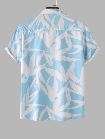 Men's Plant Leaves Print Button Up Short Sleeves Vacation Casual Shirt