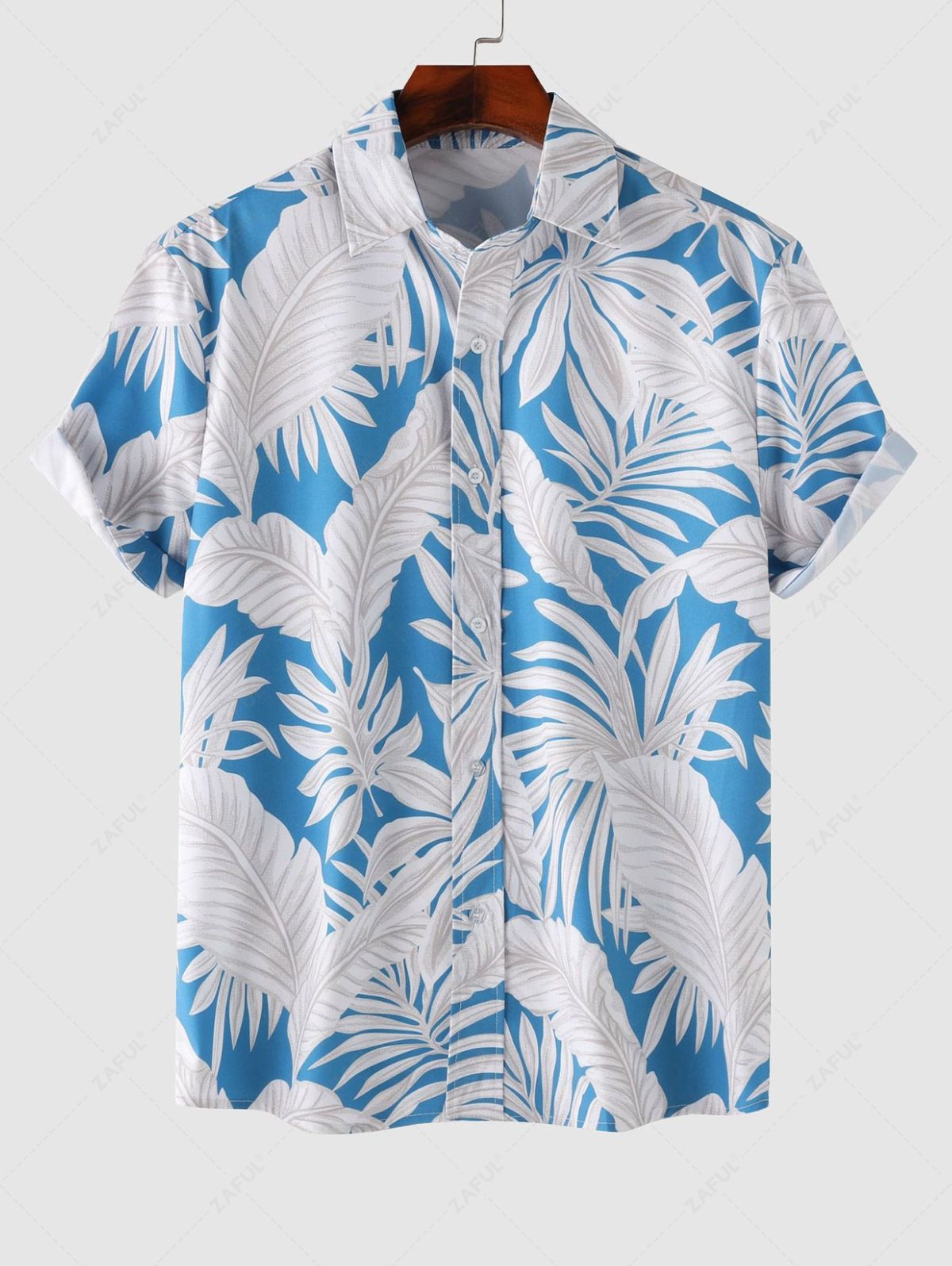 Men's Leaves Print Button Up Short Sleeves Vacation Casual Shirt Kosyway