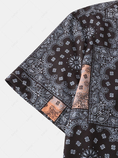 Men's Ethnic Paisley Bandana Scarf Print Button Up Short Sleeves Vacation Casual Shirt Kosyway