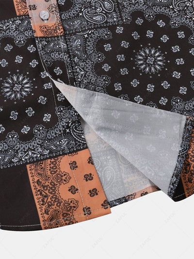 Men's Ethnic Paisley Bandana Scarf Print Button Up Short Sleeves Vacation Casual Shirt Kosyway