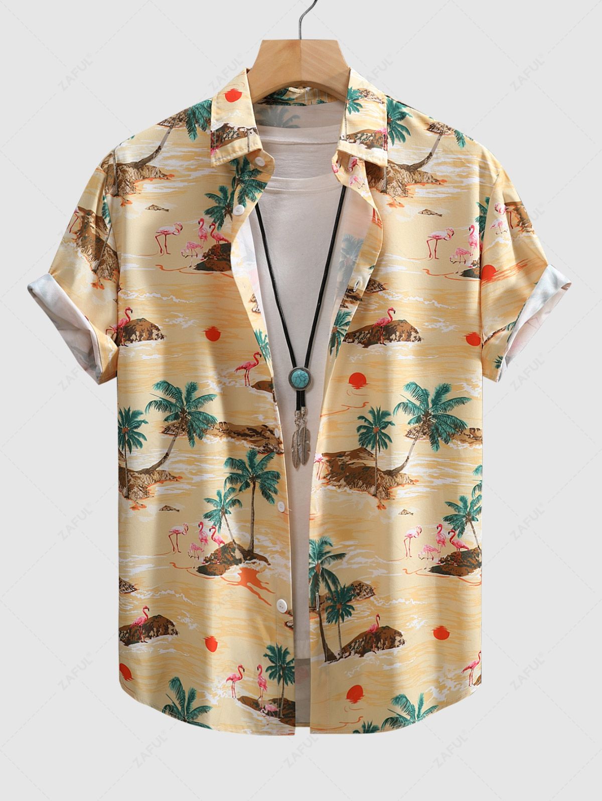 Men's Seaside Palm Coconut Tree Flamingo Printed Vacation Short Sleeves Shirt