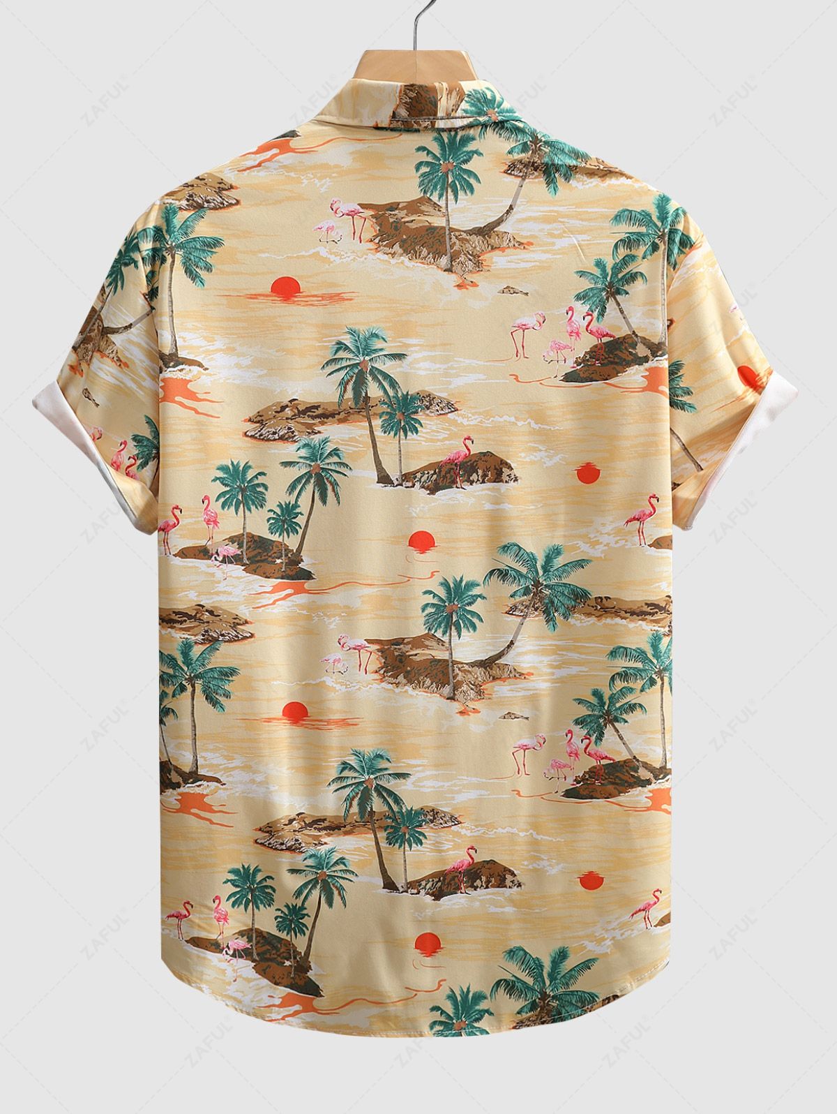 Men's Seaside Palm Coconut Tree Flamingo Printed Vacation Short Sleeves Shirt Kosyway