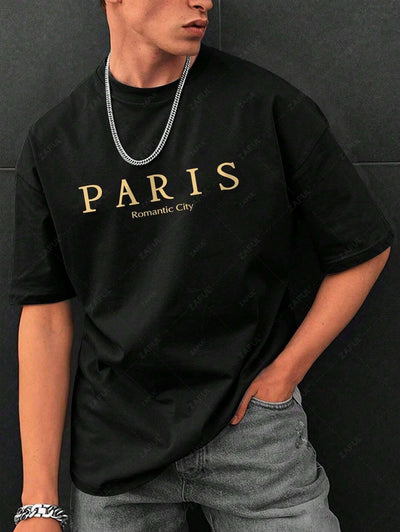 Men's PARIS Letter Graphic Printed Short Sleeves T-shirt