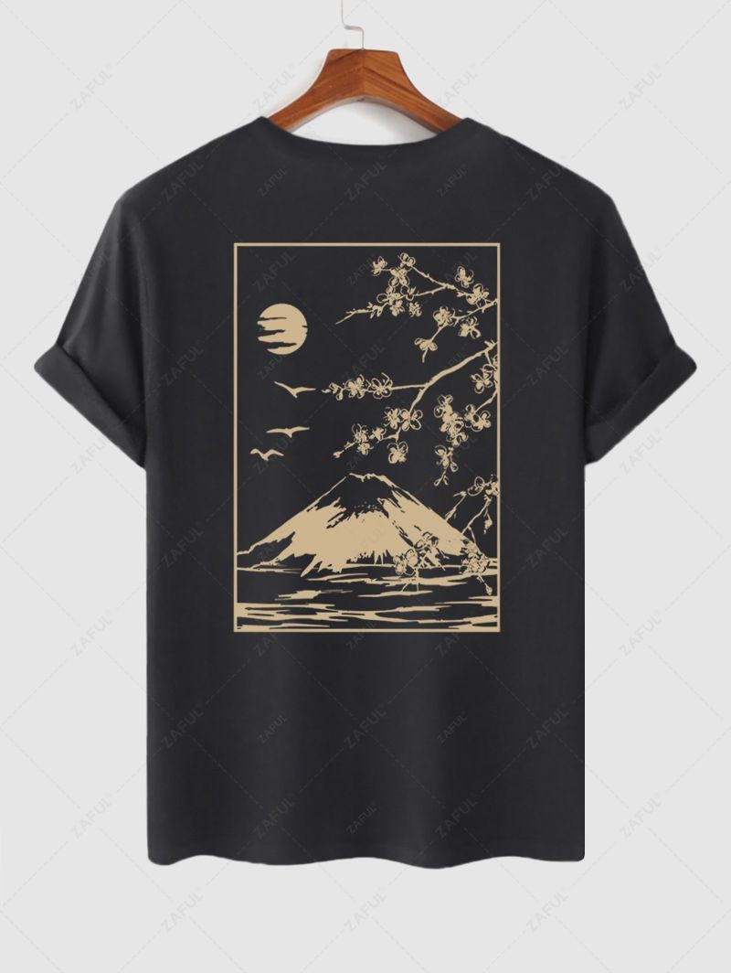 Men's Floral Cherry Blossom Mountain Birds Graphic Printed Short Sleeves T-shirt