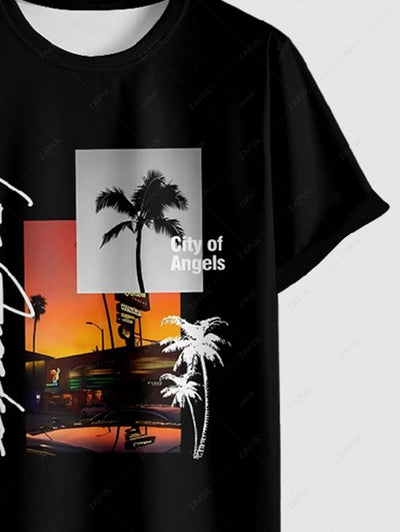 Men's Letter Palm Tree Graphic Printed Short Sleeves T-shirt and Drawstring Casual Shorts Set Kosyway