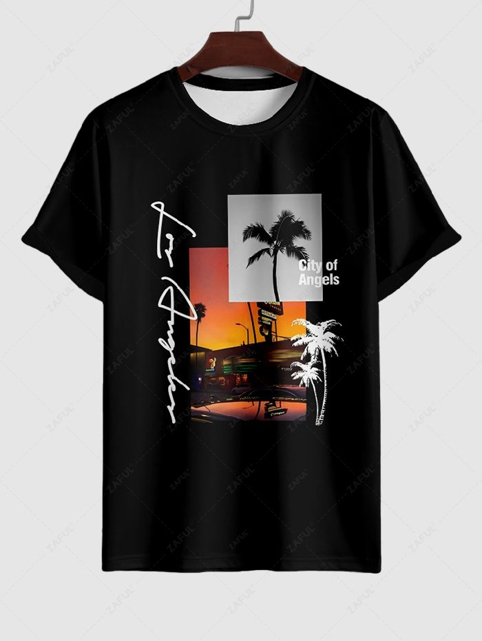 Men's Letter Palm Tree Graphic Printed Short Sleeves T-shirt and Drawstring Casual Shorts Set