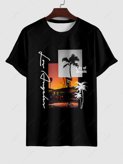 Men's Letter Palm Tree Graphic Printed Short Sleeves T-shirt and Drawstring Casual Shorts Set Kosyway