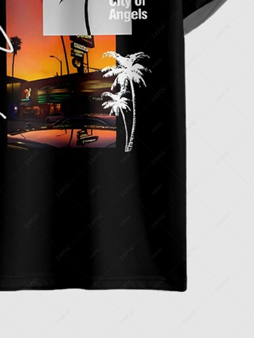 Men's Letter Palm Tree Graphic Printed Short Sleeves T-shirt and Drawstring Casual Shorts Set