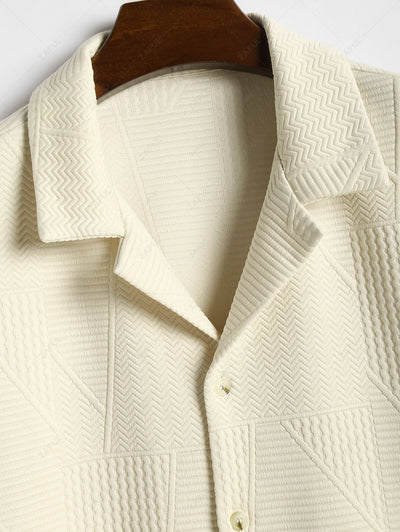 Men's Button Up Short Sleeves Geometric Jacquard Textured Camp Collar Shirt