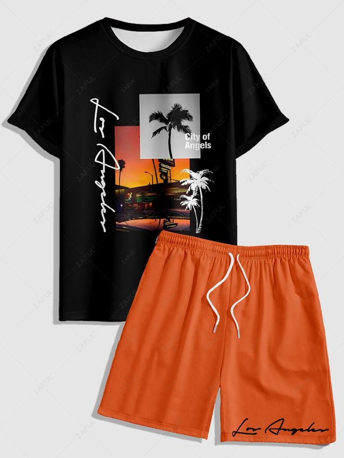 Men's Letter Palm Tree Graphic Printed Short Sleeves T-shirt and Drawstring Casual Shorts Set