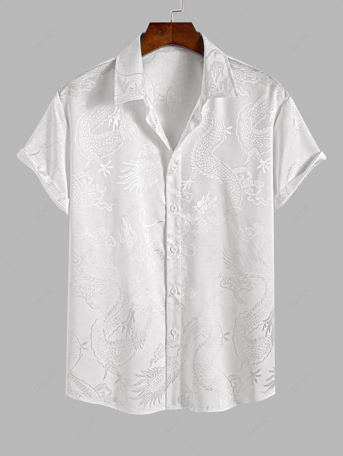 Men's Button Up Short Sleeves Oriental Dragon Jacquard Silky Satin Shirt