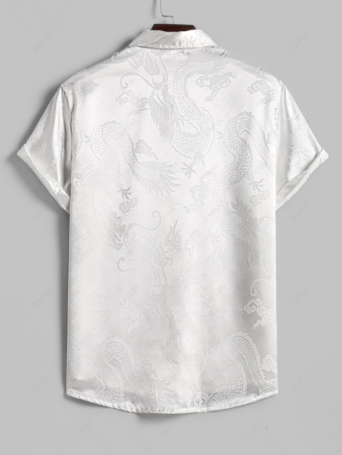 Men's Button Up Short Sleeves Oriental Dragon Jacquard Silky Satin Shirt