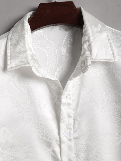 Men's Button Up Short Sleeves Oriental Dragon Jacquard Silky Satin Shirt Kosyway