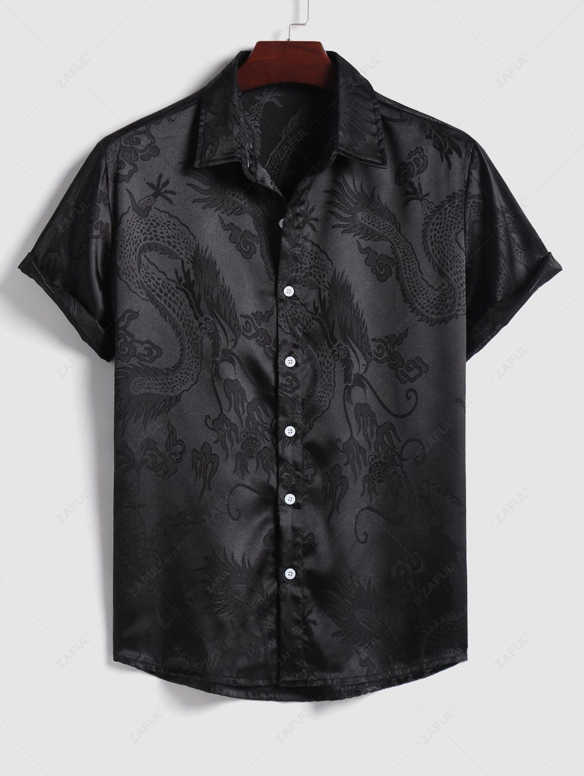 Men's Button Up Short Sleeves Oriental Dragon Jacquard Silky Satin Shirt Kosyway