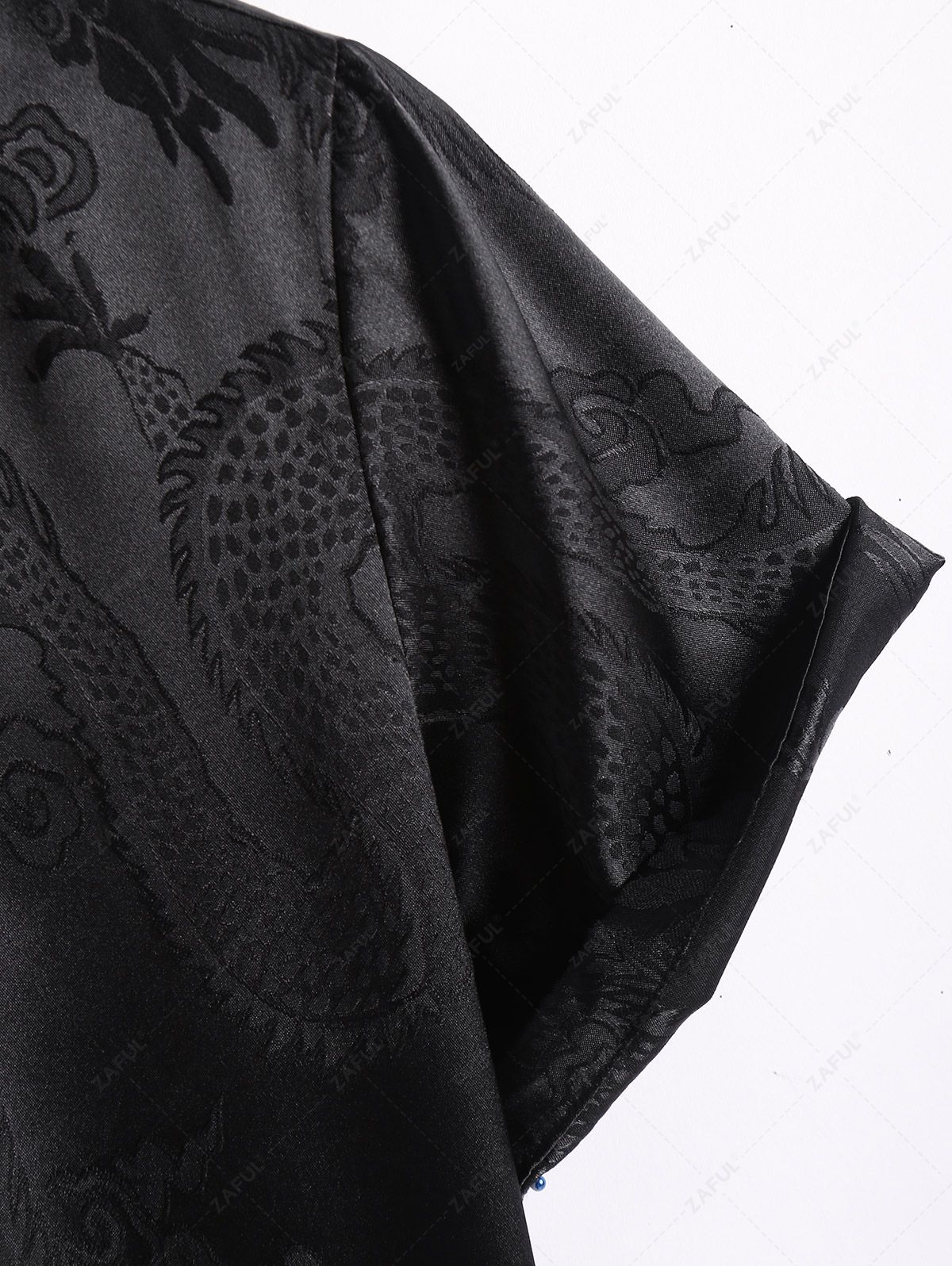 Men's Button Up Short Sleeves Oriental Dragon Jacquard Silky Satin Shirt Kosyway