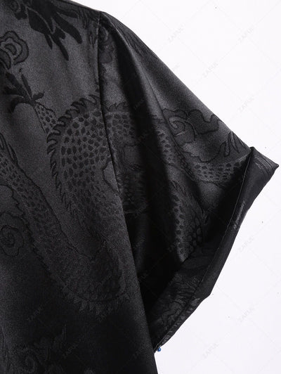 Men's Button Up Short Sleeves Oriental Dragon Jacquard Silky Satin Shirt