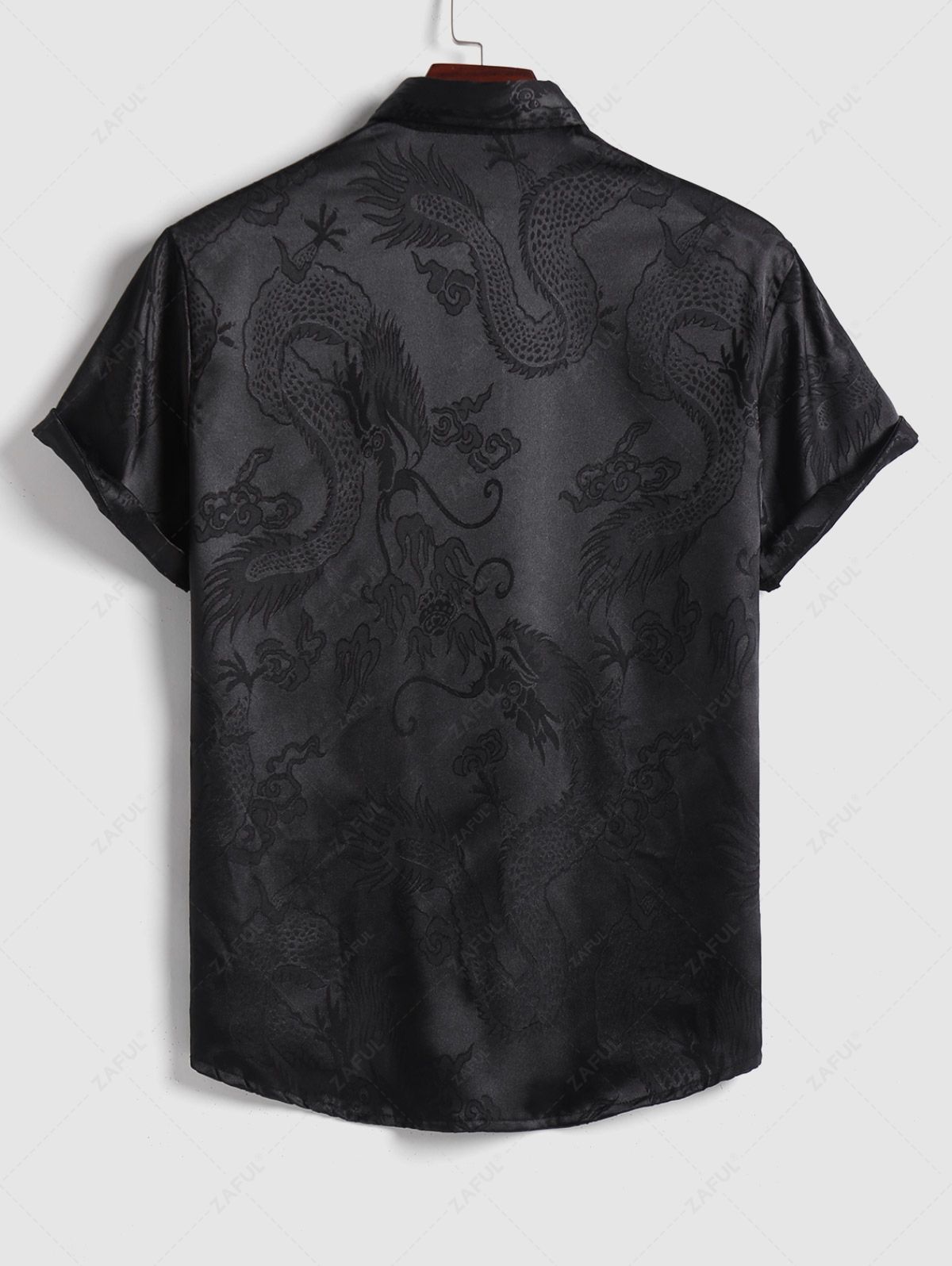 Men's Button Up Short Sleeves Oriental Dragon Jacquard Silky Satin Shirt