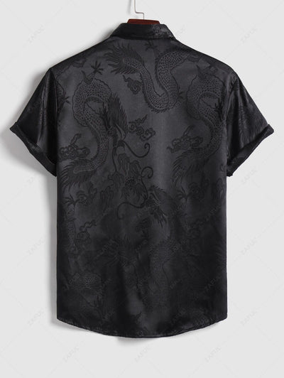 Men's Button Up Short Sleeves Oriental Dragon Jacquard Silky Satin Shirt Kosyway